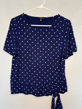 Talbots Navy Blue & White Polka Dot Short Sleeve Tie-Hem Top Size Medium Petite